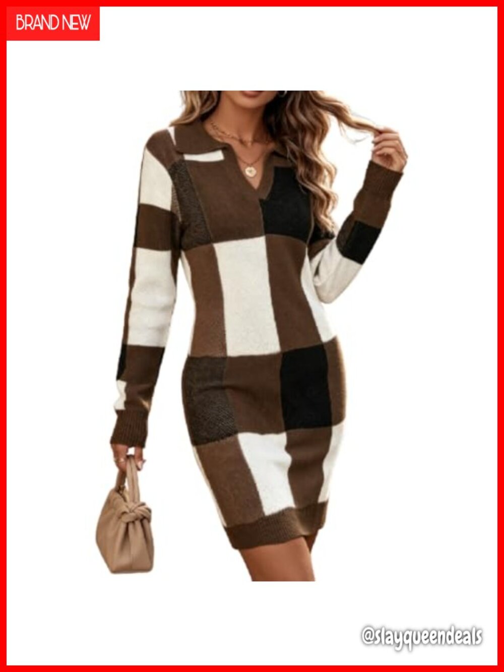 Women's Plaid Sweater Dress Long Sleeve V-Neck Bodycon Midi Casual